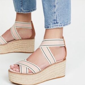 Tory Burch Women's Frieda US 8 M  Stripe Pink Platform Espadrille Wedge Sandals